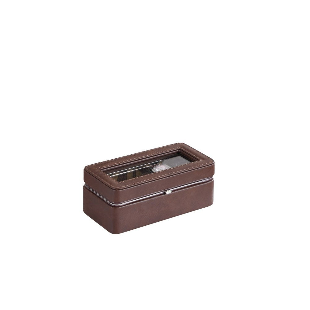 8" Long Tempered Glass and Leather 4-Slot Watch Display Case, Brown