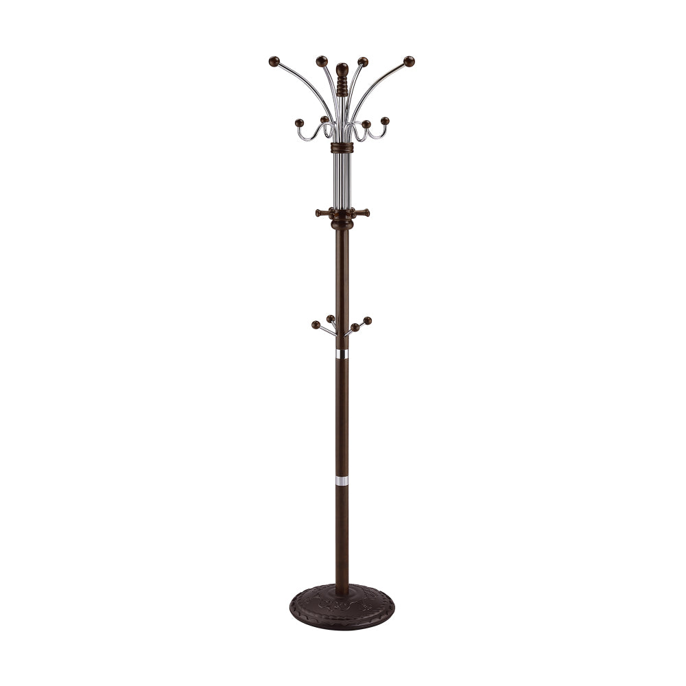 73" Tall Chrome and Wood Coat Rack, Espresso finish