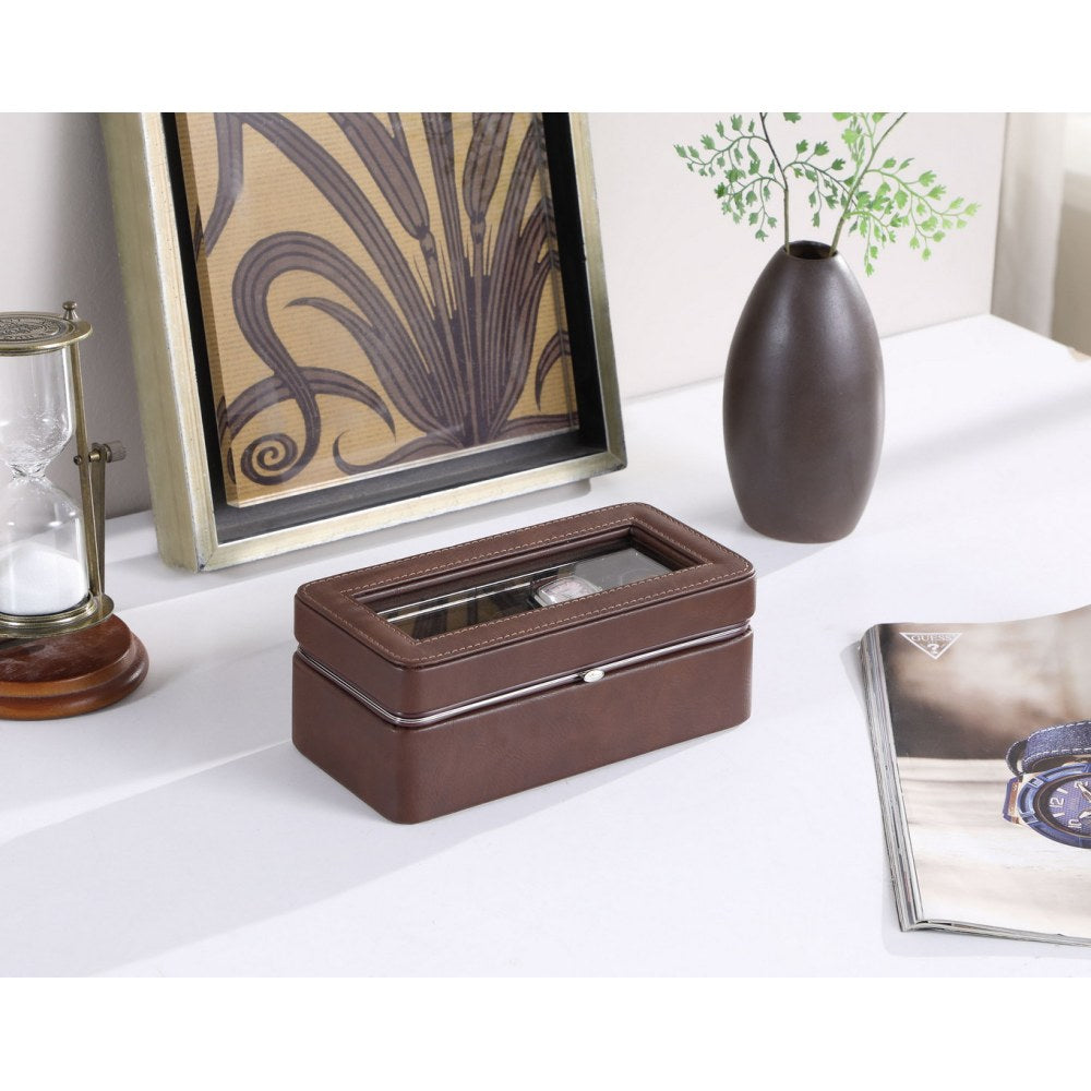 8" Long Tempered Glass and Leather 4-Slot Watch Display Case, Brown