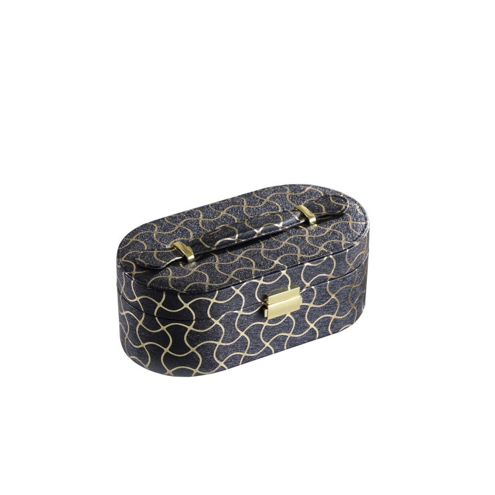 9.5" Long Leather Jewelry Organizer Case with Mirror, Gold Swirl Pattern, Black