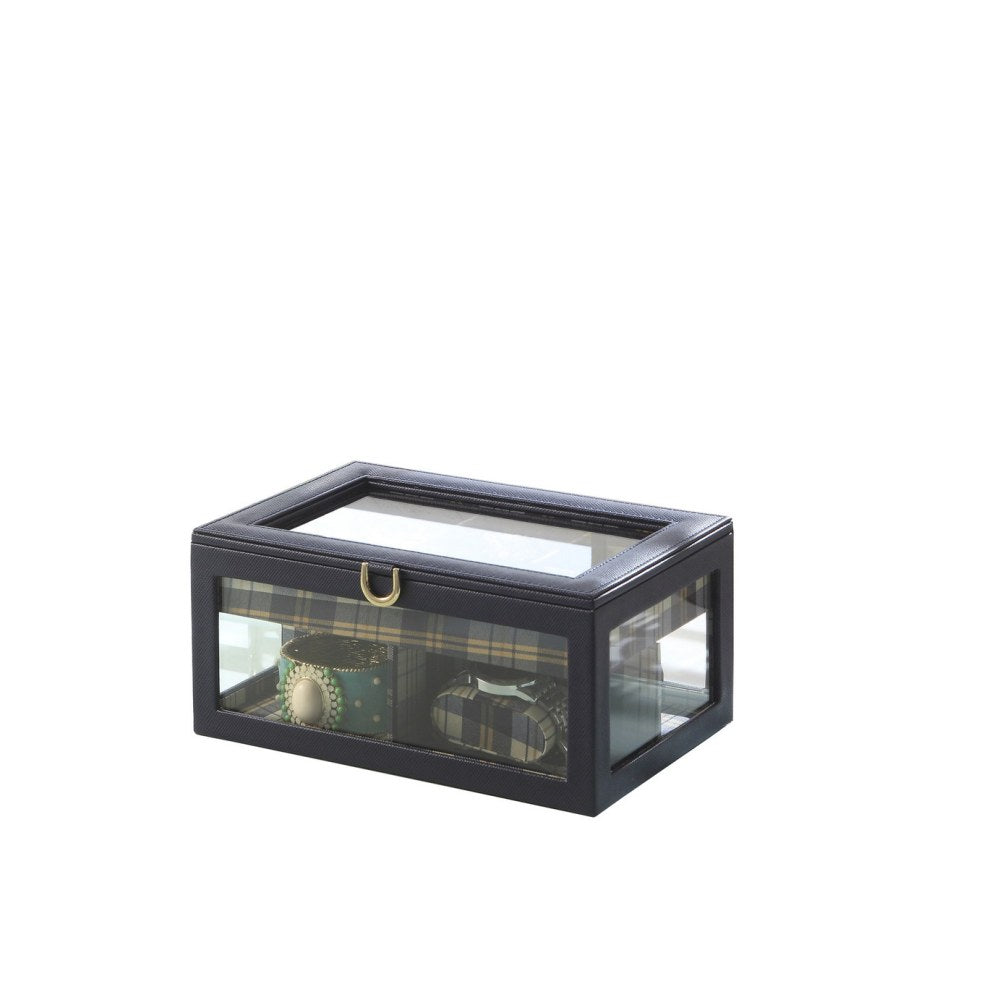 9.8" Long Tempered Glass and Leather Jewelry Case / Watch Display, Blue
