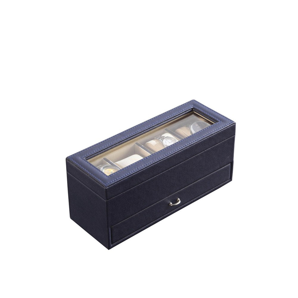 9.3" Long Tempered Glass and Leather Jewelry / Watch Display with Drawers, Blue