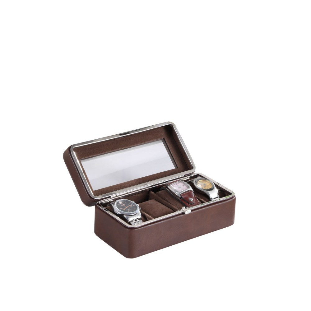 8" Long Tempered Glass and Leather 4-Slot Watch Display Case, Brown