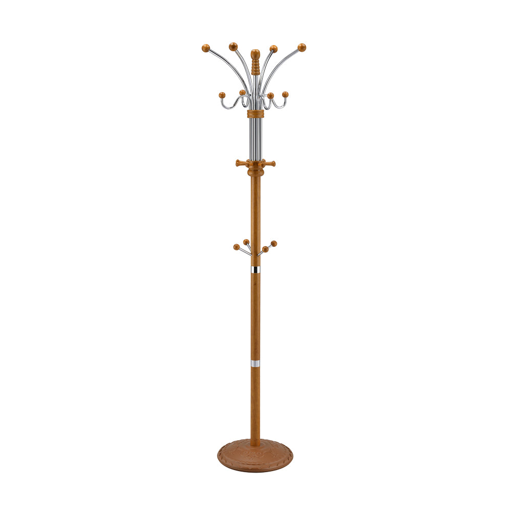 73" Tall Chrome and Wood Coat Rack, Oak finish