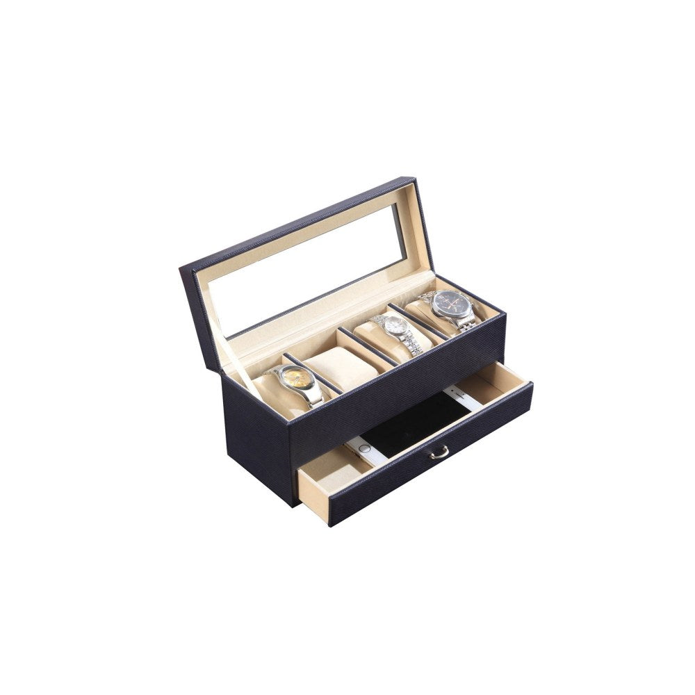 9.3" Long Tempered Glass and Leather Jewelry / Watch Display with Drawers, Blue