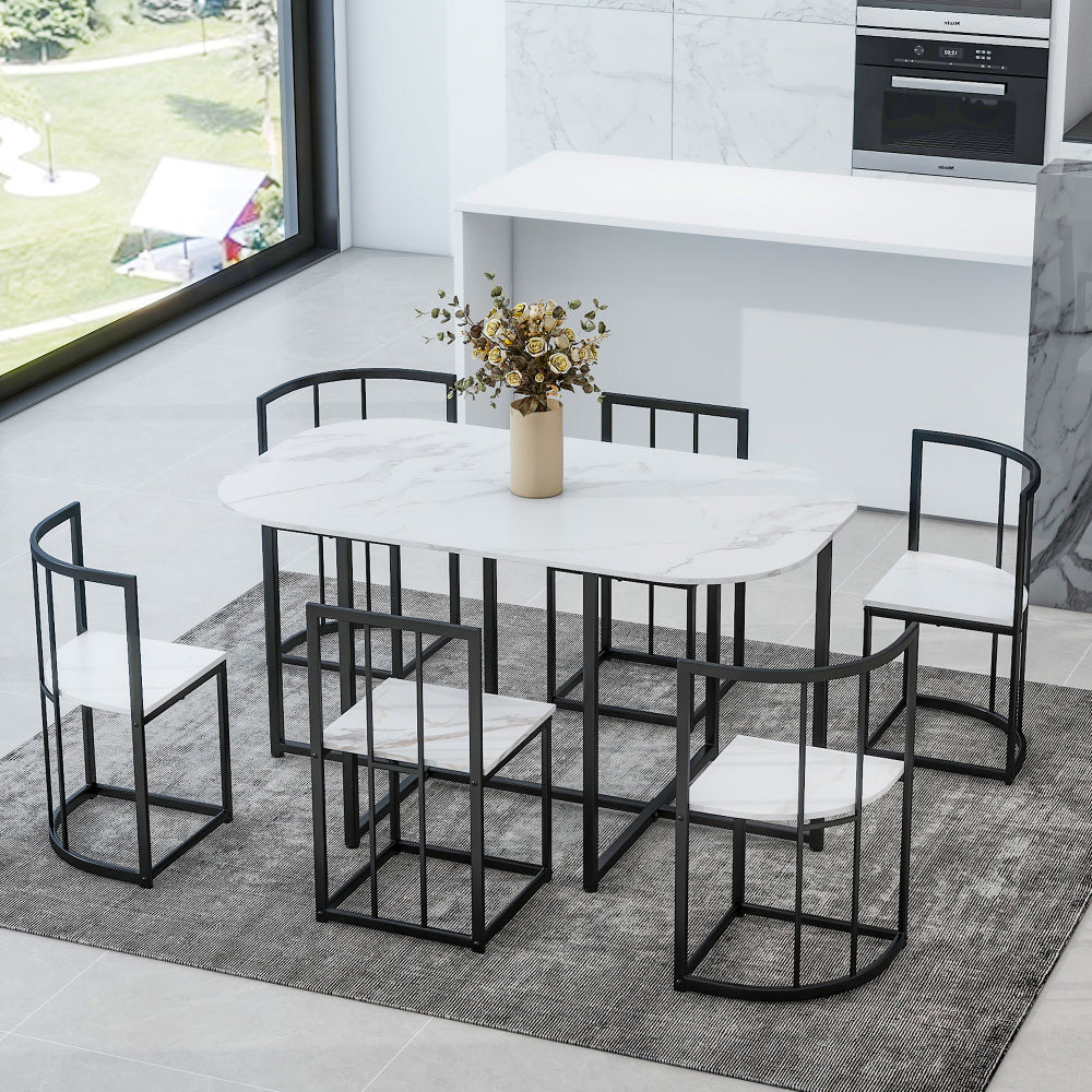 TOPMAX Modern 7-Piece Dining Table Set with Faux Marble Compact 55Inch Kitchen Table Set for 6, White+Cherry
