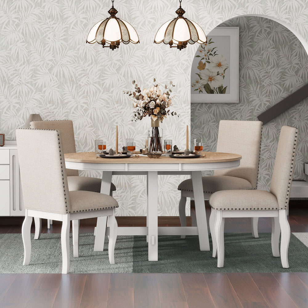TREXM Set of 4 Dining chairs Wood Upholstered Fabirc Dining Room Chairs with Nailhead (Natural Wood Wash)