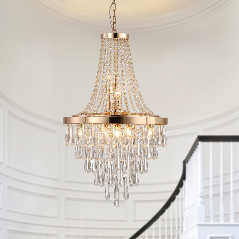 (Same as W1340102274/L5004) 20" Modern Crystal Pendant Chandelier with Golden Finish – Elegant 11-Light Hanging Light Fixture Tiered Design for Dining Room, Living Room, or Entryway (No Bulbs)