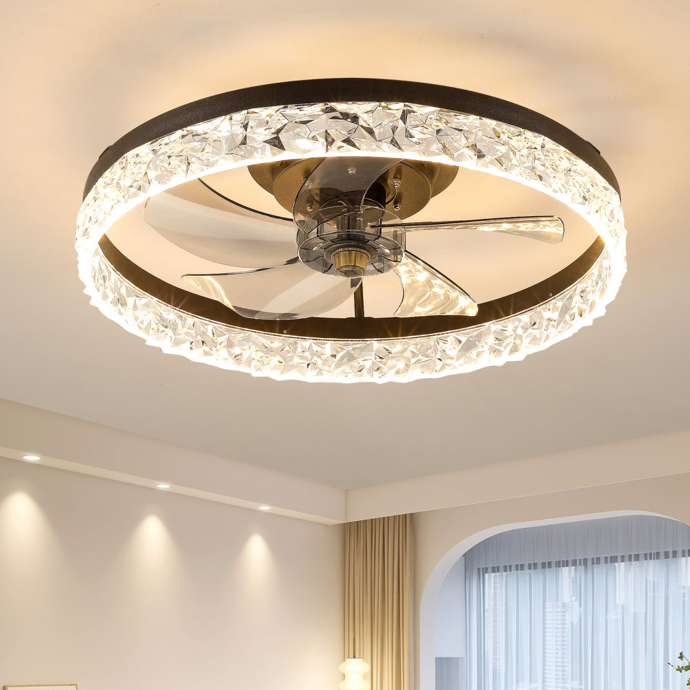 20" Brown Ceiling Fan with LED Light – Modern Flush Mount Fan Light for Bedroom, Living Room, and Home Décor with Crystal Ring Design