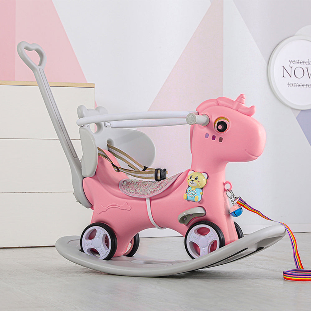 Rocking Horse for Toddlers, Balance Bike Ride On Toys with Push Handle, Backrest and Balance Board for Baby Girl and Boy, Unicorn Kids Riding Birthday (Blue)