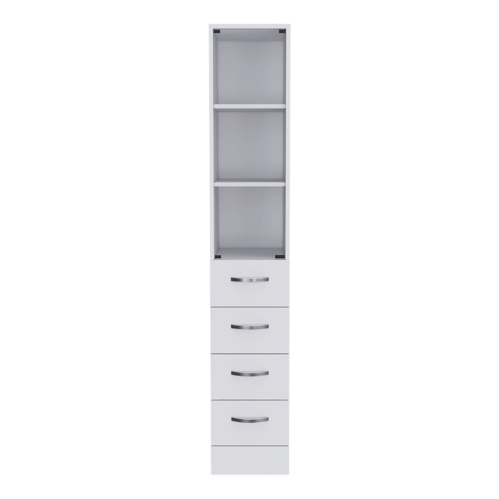 Linen Cabinet 68" H, Three Shelves, Four Drawers and Metal handles, White