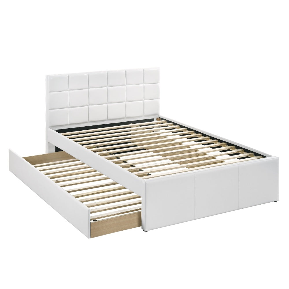 Twin Size Bed w/ Trundle Slats White Faux Leather Upholstered Plywood Kids Youth Bedroom Furniture Wooden Slats 1pc Bed