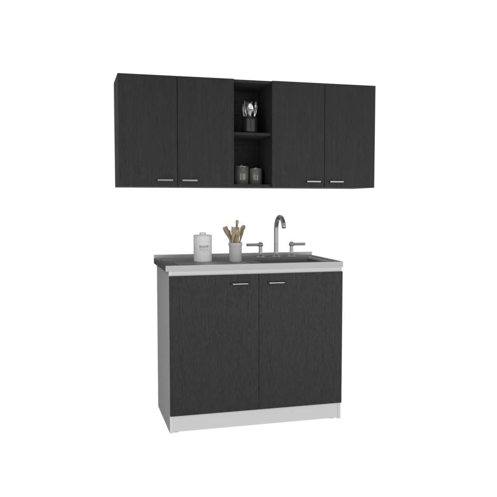 2 Piece Kitchen Set, 150 Wall Cabinet + Utility Sink With Cabinet, Black / White