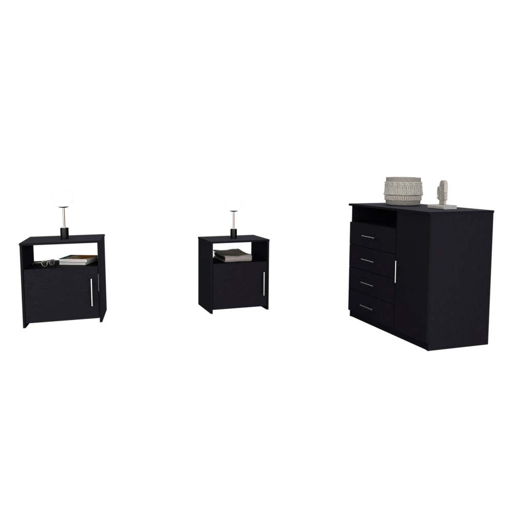 3 Piece Bedroom Set, Rioja 4 Drawer Dresser + 2 Omaha Nightstands, Black