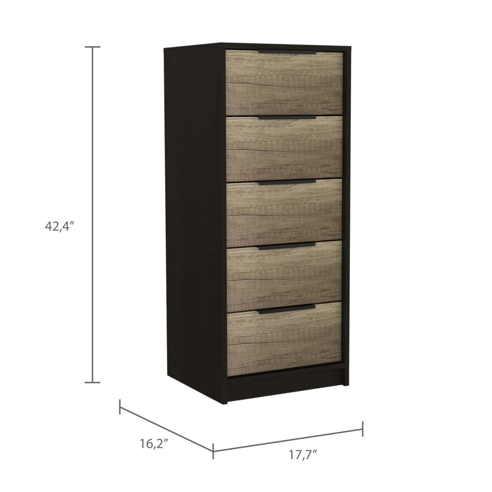 2 Piece Bedroom Set, Egeo 5 Drawer Dresser  + Omaha Nightstand, Black / Light Oak