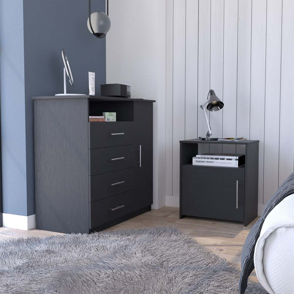 2 Piece Bedroom Set, Rioja 4 Drawer Dresser + Omaha Nightstand, Black