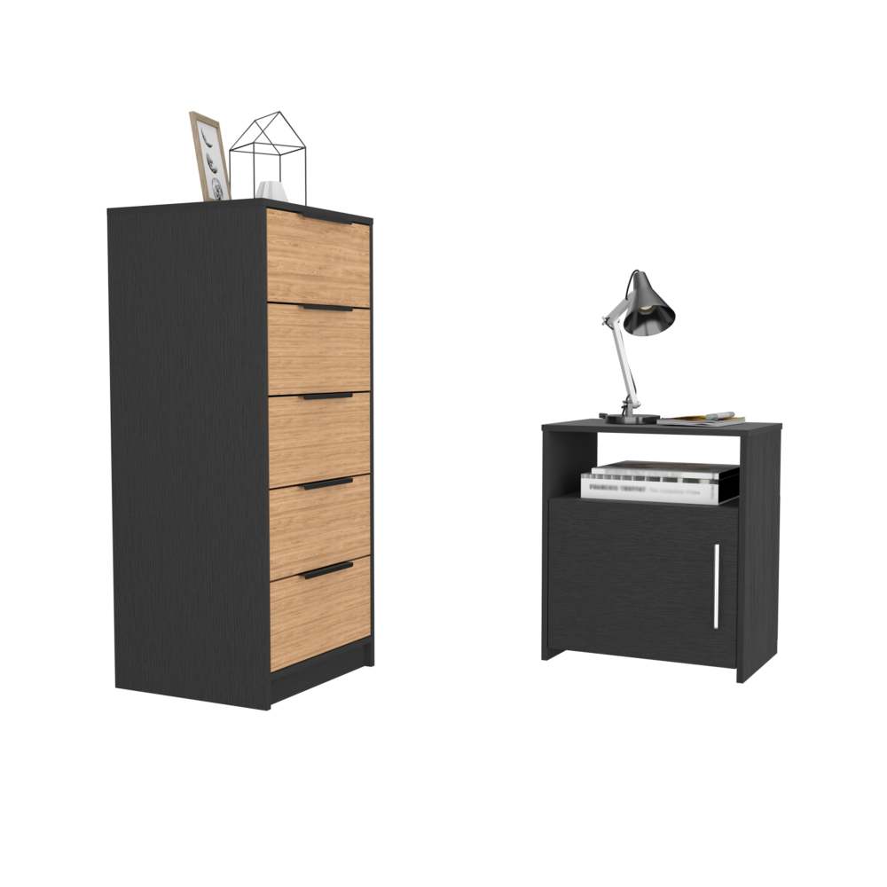 2 Piece Bedroom Set, Egeo 5 Drawer Dresser  + Omaha Nightstand, Black / Light Oak