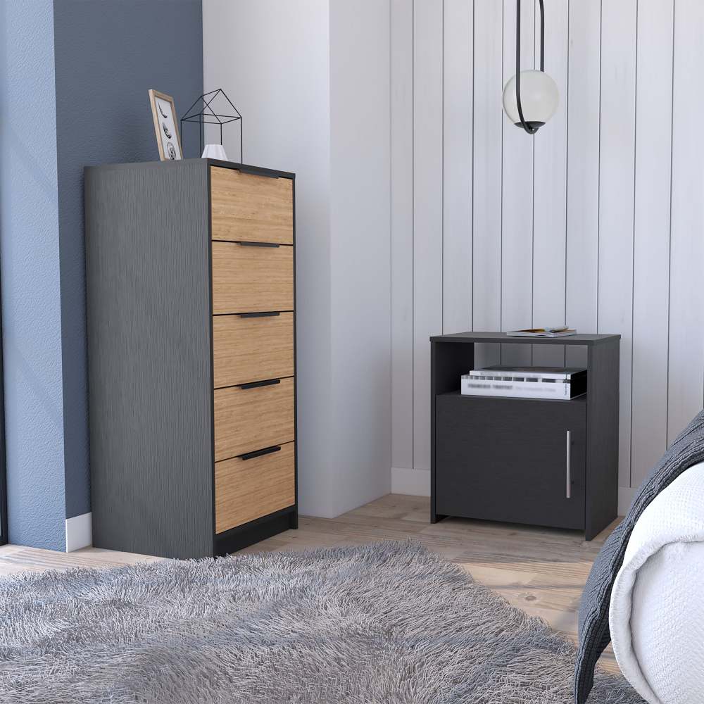 2 Piece Bedroom Set, Egeo 5 Drawer Dresser  + Omaha Nightstand, Black / Light Oak