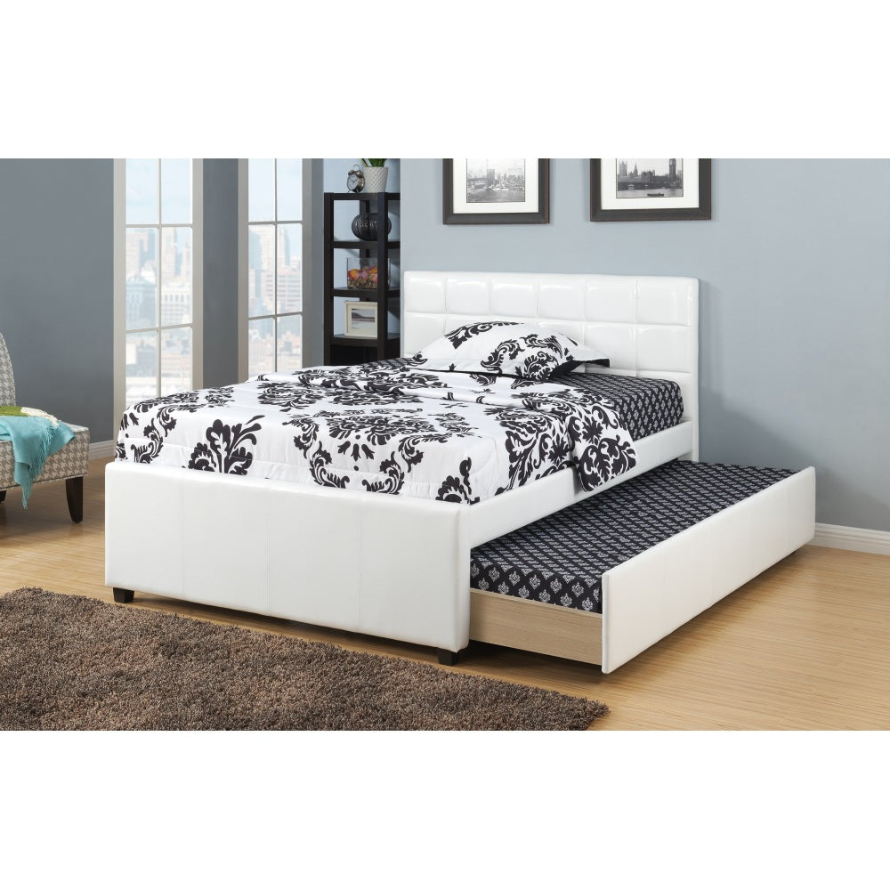 Twin Size Bed w/ Trundle Slats White Faux Leather Upholstered Plywood Kids Youth Bedroom Furniture Wooden Slats 1pc Bed