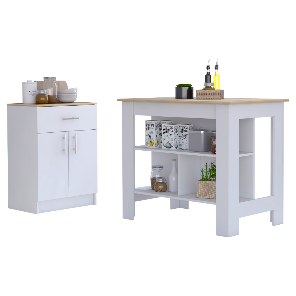 2 Piece Kitchen Set, Kitchen Island + Pantry Cabinet , White /Light Oak