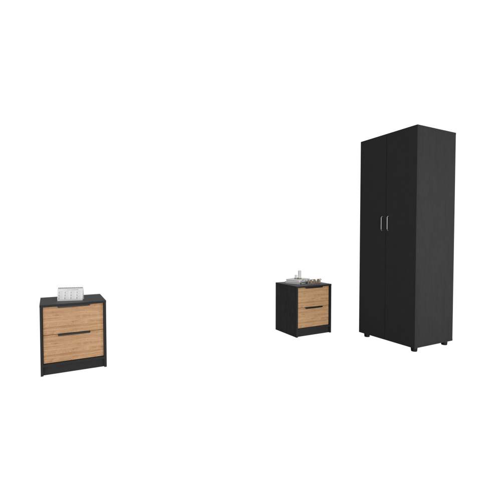 3 Piece Bedroom Set, London Armoire + Egeo Nightstand + Egeo Nightstand, Black / Pine
