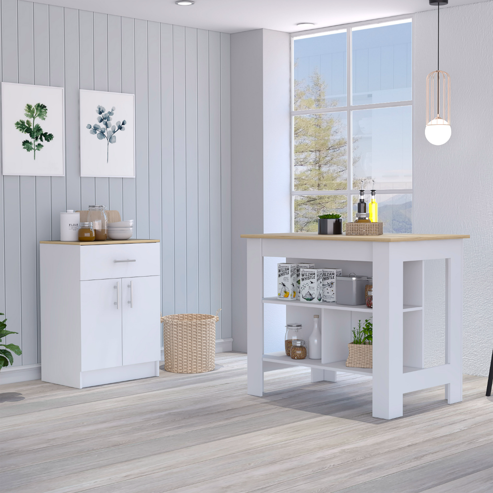 2 Piece Kitchen Set, Kitchen Island + Pantry Cabinet , White /Light Oak