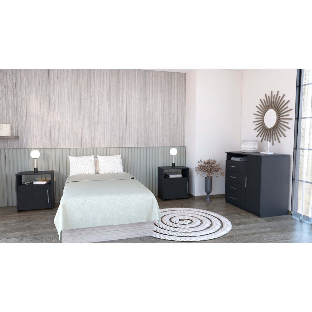 3 Piece Bedroom Set, Rioja 4 Drawer Dresser + 2 Omaha Nightstands, Black