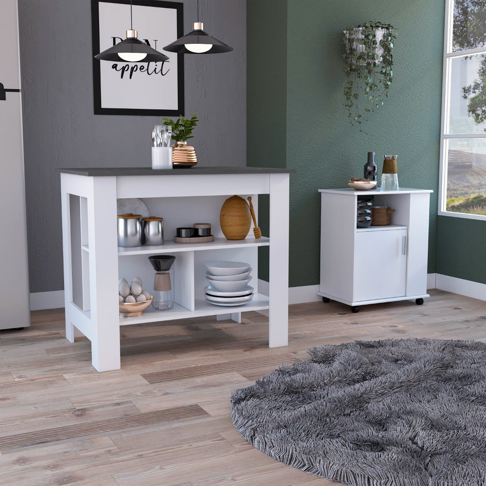 2 Piece Kitchen Set, Kitchen Island + Pantry Cabinet , White /Light Oak