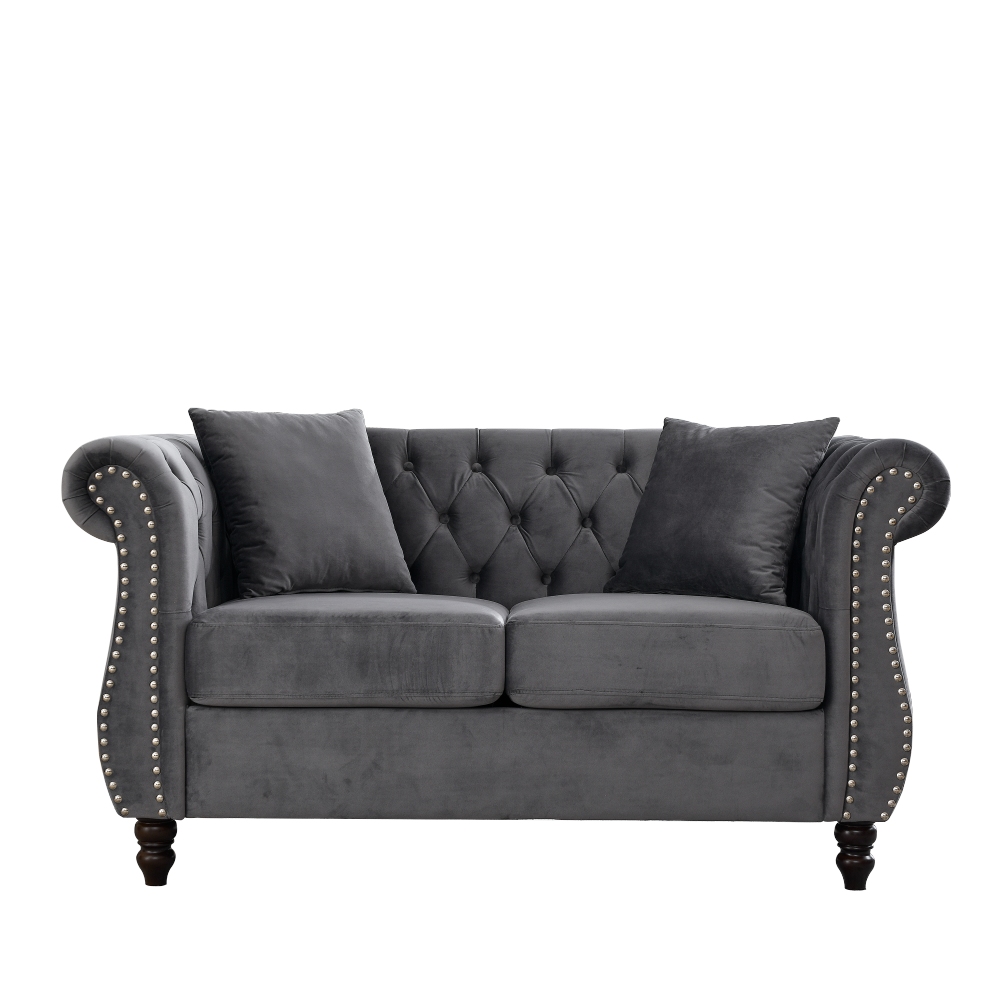 58.8" Chesterfield Sofa Grey Velvet for Living Room, 2 Seater Sofa Tufted Couch with Rolled Arms and Nailhead for Living Room, Bedroom, Office, Apartment, two pillowsW834S00069