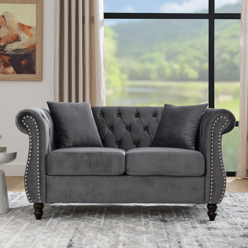 58.8" Chesterfield Sofa Grey Velvet for Living Room, 2 Seater Sofa Tufted Couch with Rolled Arms and Nailhead for Living Room, Bedroom, Office, Apartment, two pillowsW834S00069