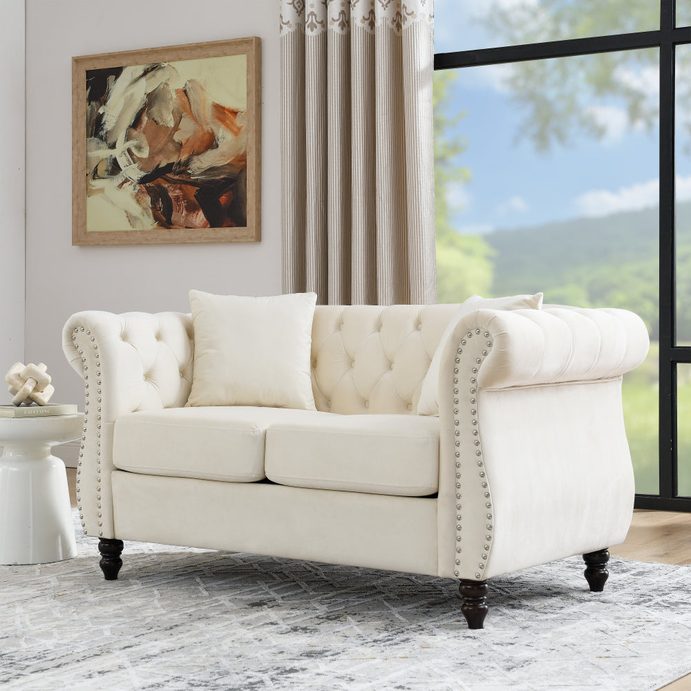 58.8" Chesterfield Sofa Grey Velvet for Living Room, 2 Seater Sofa Tufted Couch with Rolled Arms and Nailhead for Living Room, Bedroom, Office, Apartment, two pillowsW834S00069