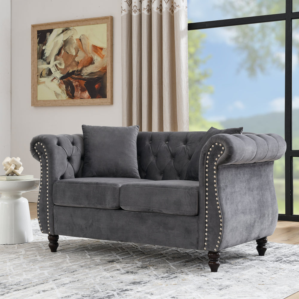 58.8" Chesterfield Sofa Grey Velvet for Living Room, 2 Seater Sofa Tufted Couch with Rolled Arms and Nailhead for Living Room, Bedroom, Office, Apartment, two pillowsW834S00069