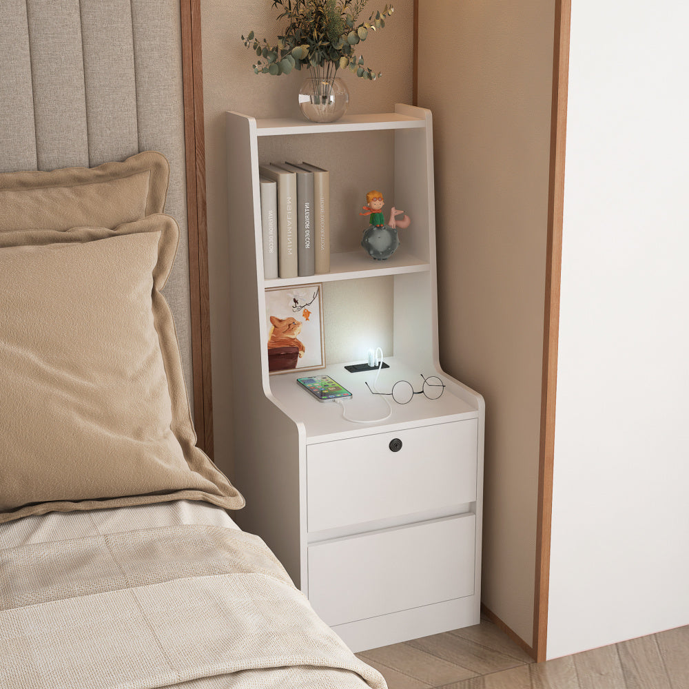 Nightstand with Charging Station, Smart Nightstand with Night Light, Modern Night Stand with Bookshelf, Bedside Tables with Storage Cabinet for Bedroom, Black