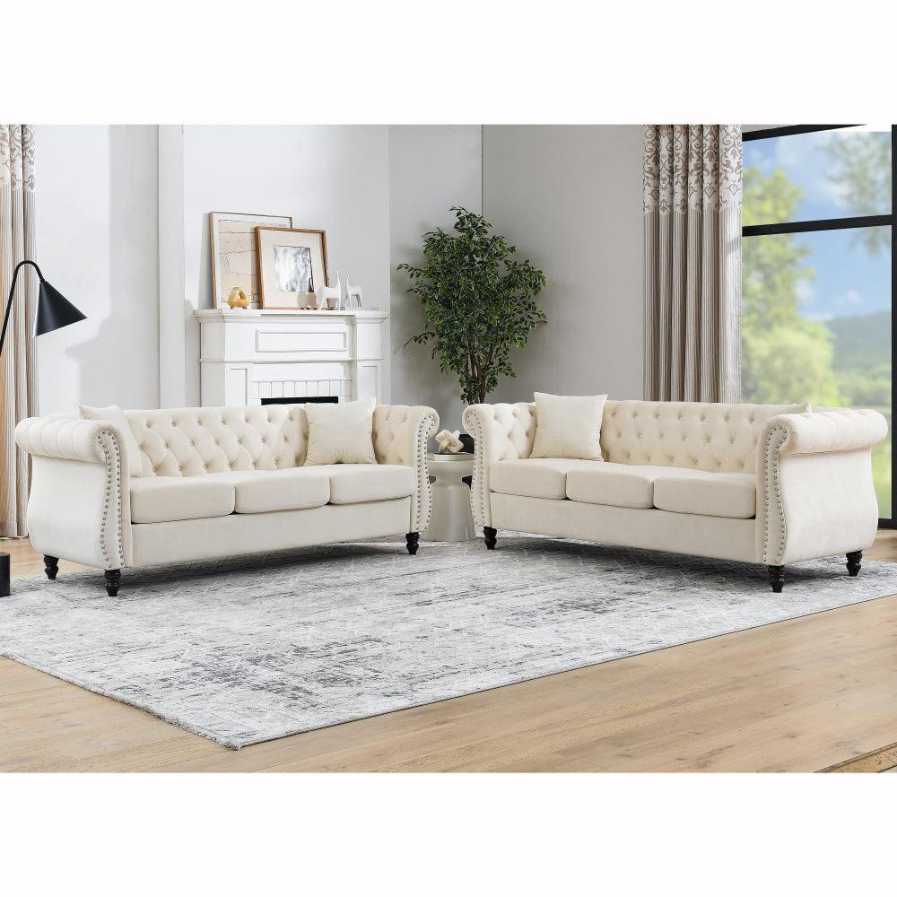 58.8" Chesterfield Sofa Grey Velvet for Living Room, 2 Seater Sofa Tufted Couch with Rolled Arms and Nailhead for Living Room, Bedroom, Office, Apartment, two pillowsW834S00069