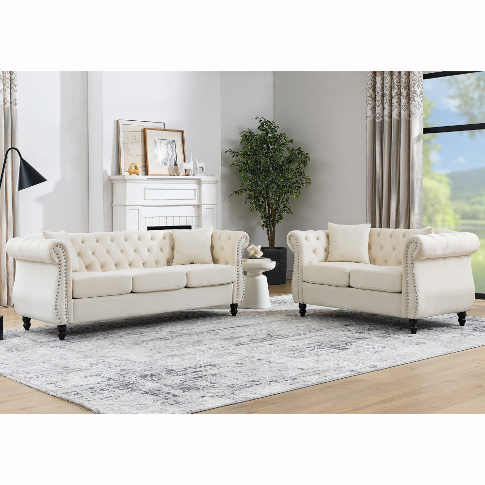 58.8" Chesterfield Sofa Grey Velvet for Living Room, 2 Seater Sofa Tufted Couch with Rolled Arms and Nailhead for Living Room, Bedroom, Office, Apartment, two pillowsW834S00069