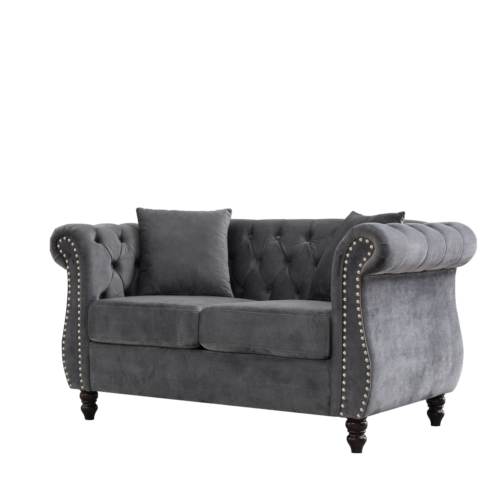 58.8" Chesterfield Sofa Grey Velvet for Living Room, 2 Seater Sofa Tufted Couch with Rolled Arms and Nailhead for Living Room, Bedroom, Office, Apartment, two pillowsW834S00069