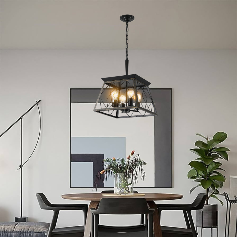 (Same as W1340111204/L1010) 16" Black Gold Industrial 4-Light Pendant Chandelier, Modern Metal Cage Design, Adjustable Hanging Light for Dining Room, Kitchen, Living Room (No Bulbs)