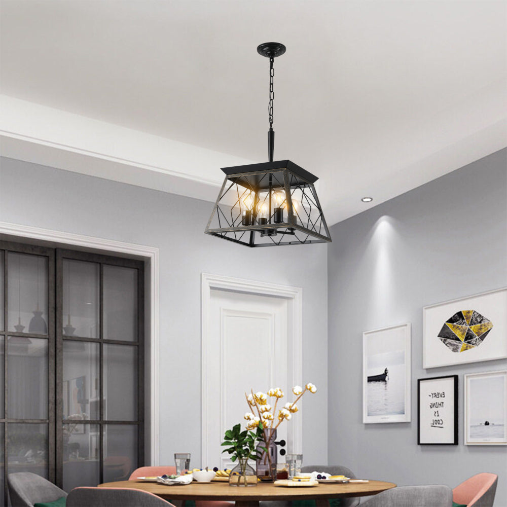 (Same as W1340111204/L1010) 16" Black Gold Industrial 4-Light Pendant Chandelier, Modern Metal Cage Design, Adjustable Hanging Light for Dining Room, Kitchen, Living Room (No Bulbs)