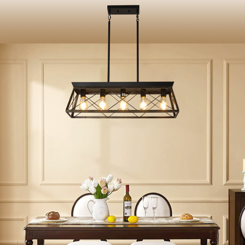 (Same as W1340111201/L1007) 32" Black Gold Industrial 5-Light Pendant Chandelier, Modern Metal Cage Design, Adjustable Hanging Light for Dining Room, Kitchen, Living Room (No Bulbs)