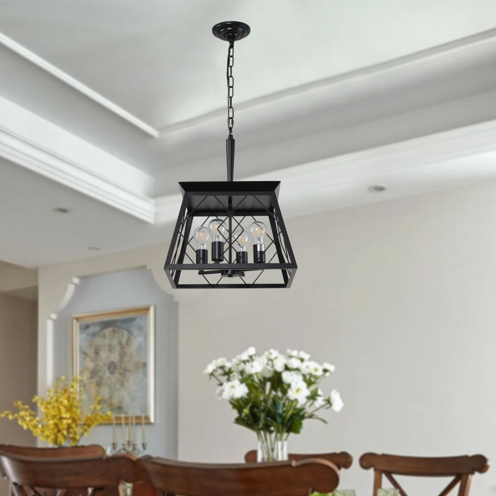 (Same as W1340111203/L1009) 16" Black Industrial 4-Light Pendant Chandelier, Modern Metal Cage Design, Adjustable Hanging Light for Dining Room, Kitchen, Living Room (No Bulbs)