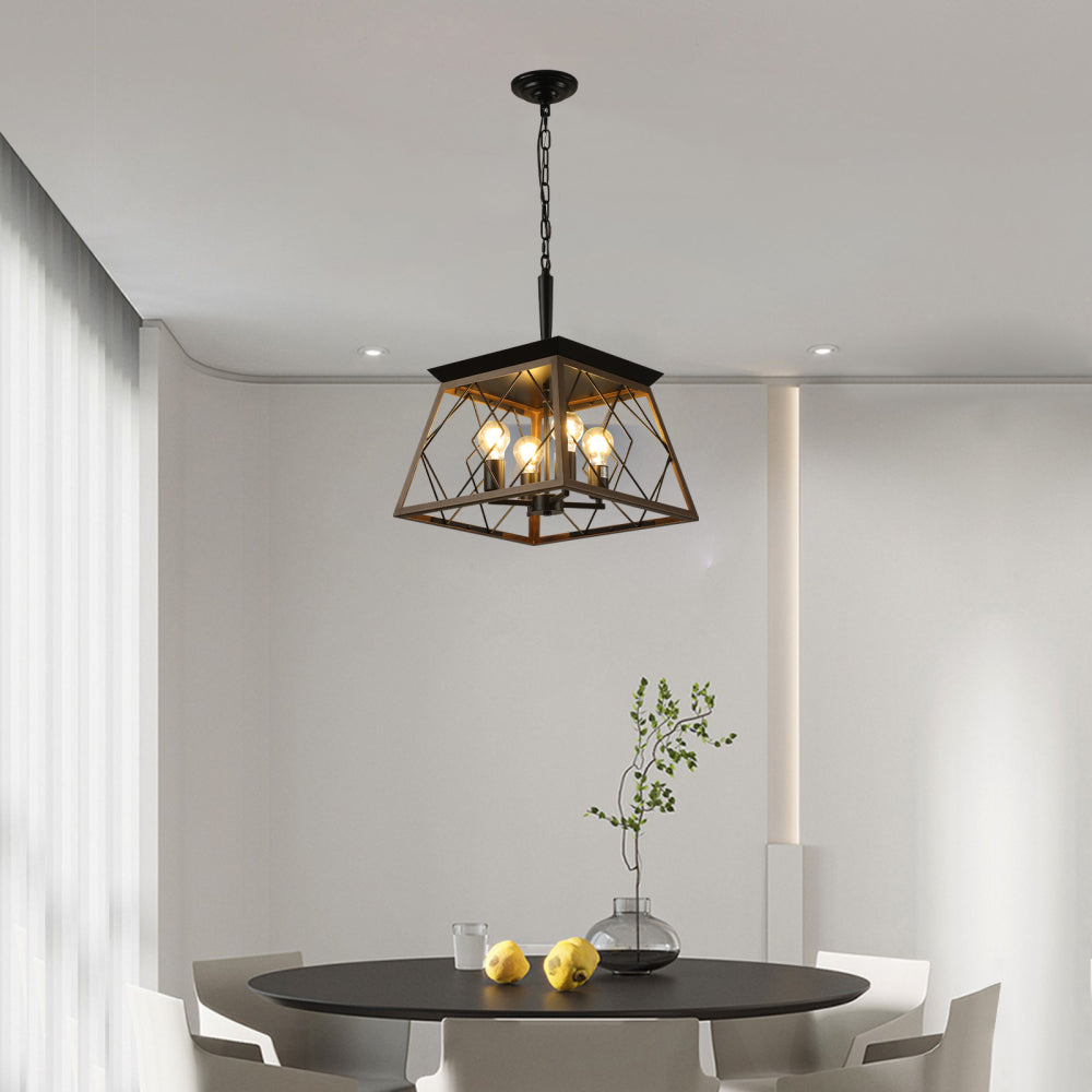 (Same as W1340111202/L1008) 16" Walnut Industrial 4-Light Pendant Chandelier, Modern Metal Cage Design, Adjustable Hanging Light for Dining Room, Kitchen, Living Room (No Bulbs)