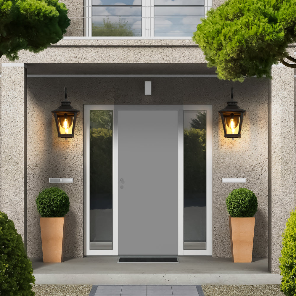 21"(H) 1-Pack Outdoor Wall Lantern Light – Vintage Black Metal & Clear Glass Sconce with Decorative Scroll Design for Porch, Patio, and Garden Lighting (Bulb Not Included)