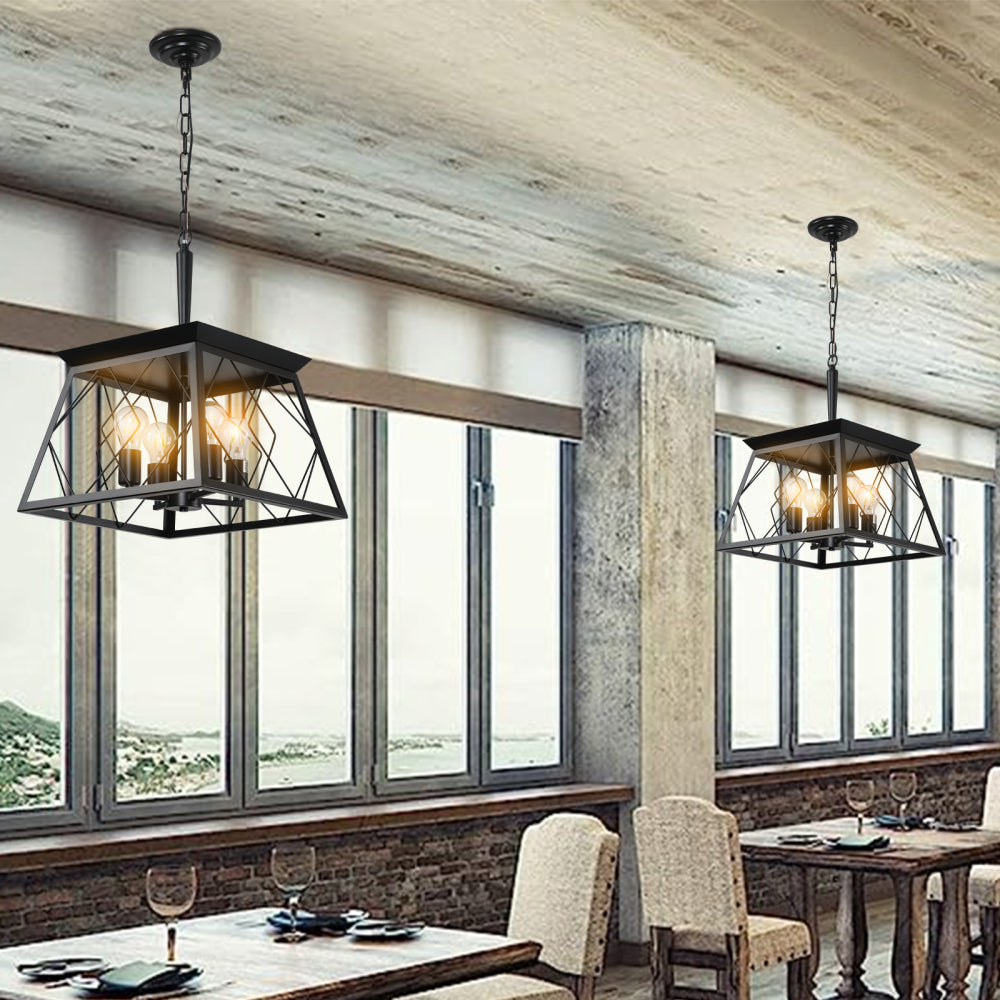 (Same as W1340111203/L1009) 16" Black Industrial 4-Light Pendant Chandelier, Modern Metal Cage Design, Adjustable Hanging Light for Dining Room, Kitchen, Living Room (No Bulbs)