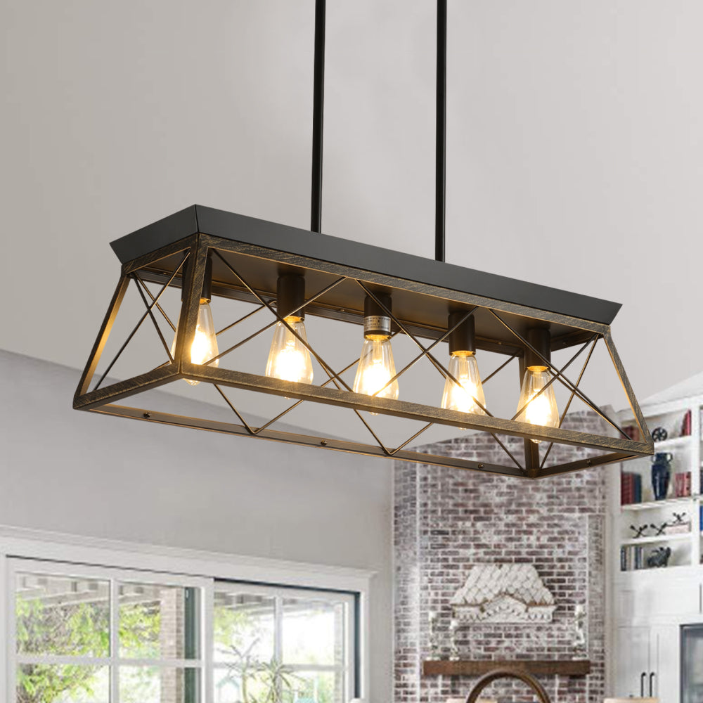 (Same as W1340111201/L1007) 32" Black Gold Industrial 5-Light Pendant Chandelier, Modern Metal Cage Design, Adjustable Hanging Light for Dining Room, Kitchen, Living Room (No Bulbs)