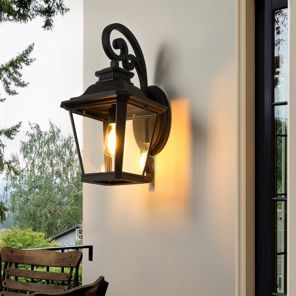 21"(H) 1-Pack Outdoor Wall Lantern Light – Vintage Black Metal & Clear Glass Sconce with Decorative Scroll Design for Porch, Patio, and Garden Lighting (Bulb Not Included)