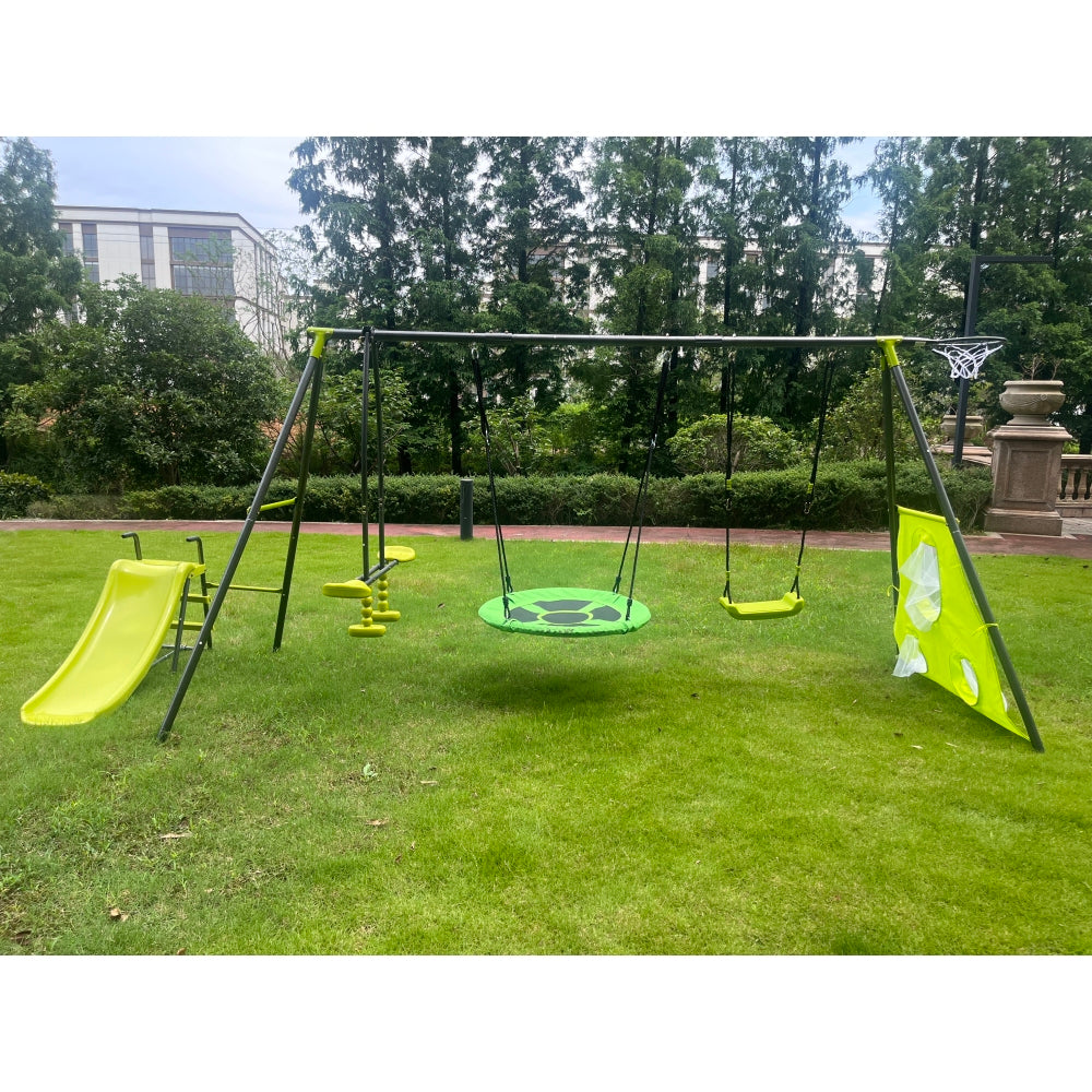 XNS052 green and blue interesting six function swingset with net swing metal plastic safe swing set 440lbs for outdoor playground for age 3+ with 31.5in net swing