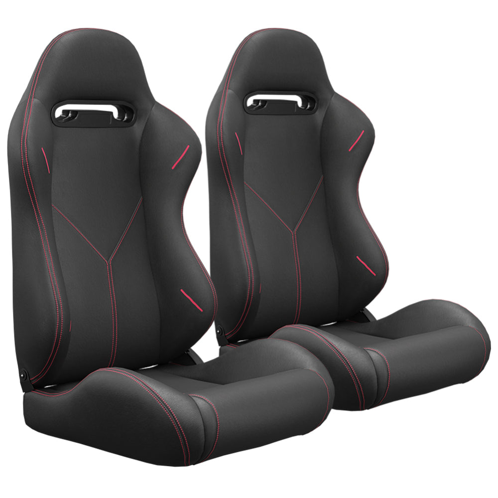 2PC Universal Bucket Racing Seats Red Stitch Red PVC Leather Reclinable Carbon Look Leather Back With Adjustor Slider(Not Including Seat Bracket ) 1 box of 2 pieces