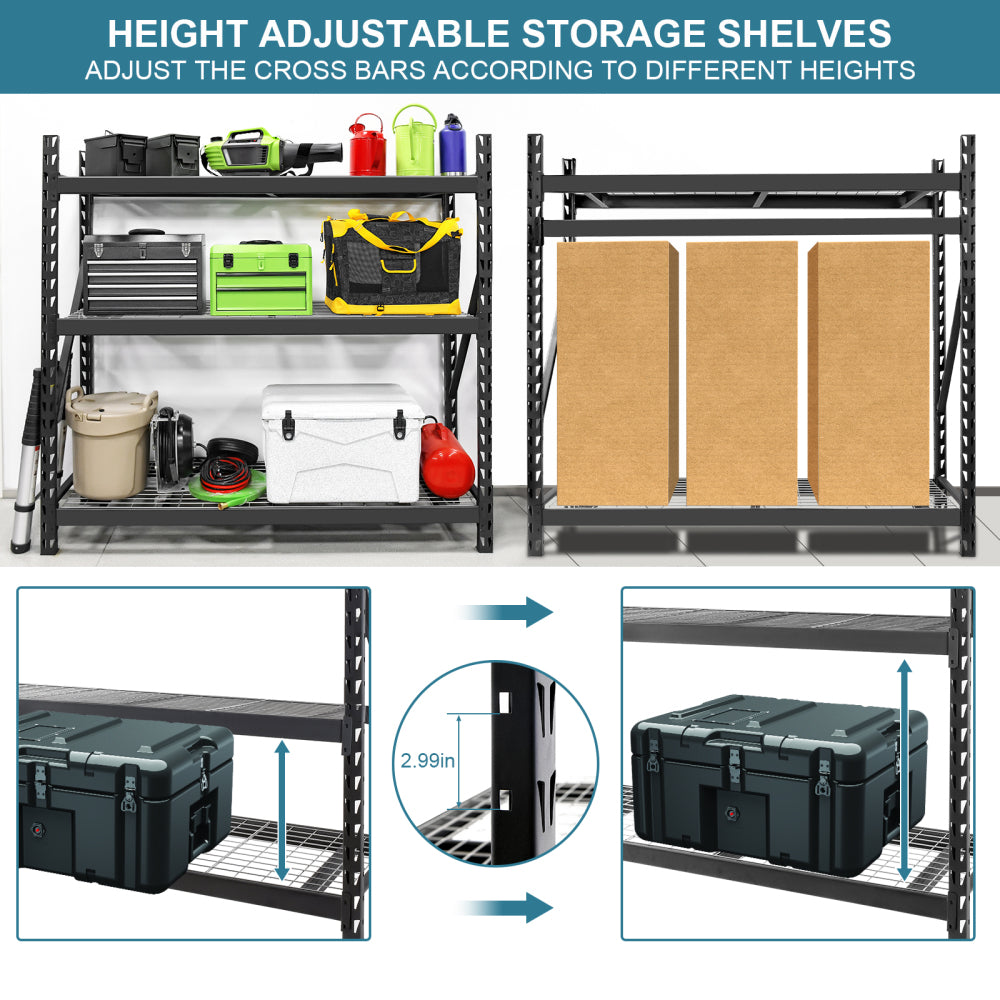Garage Shelving Heavy Duty 72"H*77"W Garage Storage Shelves 6000LBS Heavy Duty Shelving Adjustable 3 Tier Metal Shelving for Garage Storage Shelving Industrial Shelving Storage Rack, Black