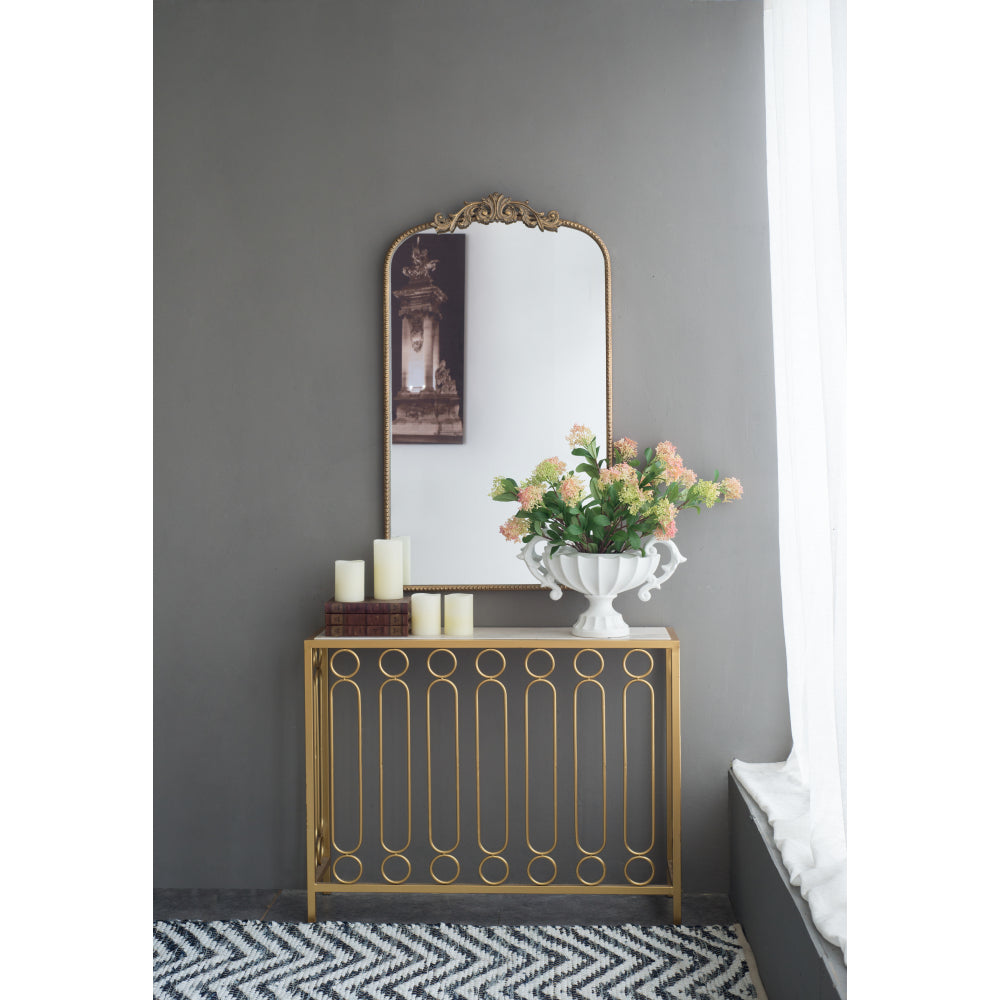 24" x 42" Gold Arch Mirror, Baroque Inspired Wall Decor for Bathroom Bedroom Living Room