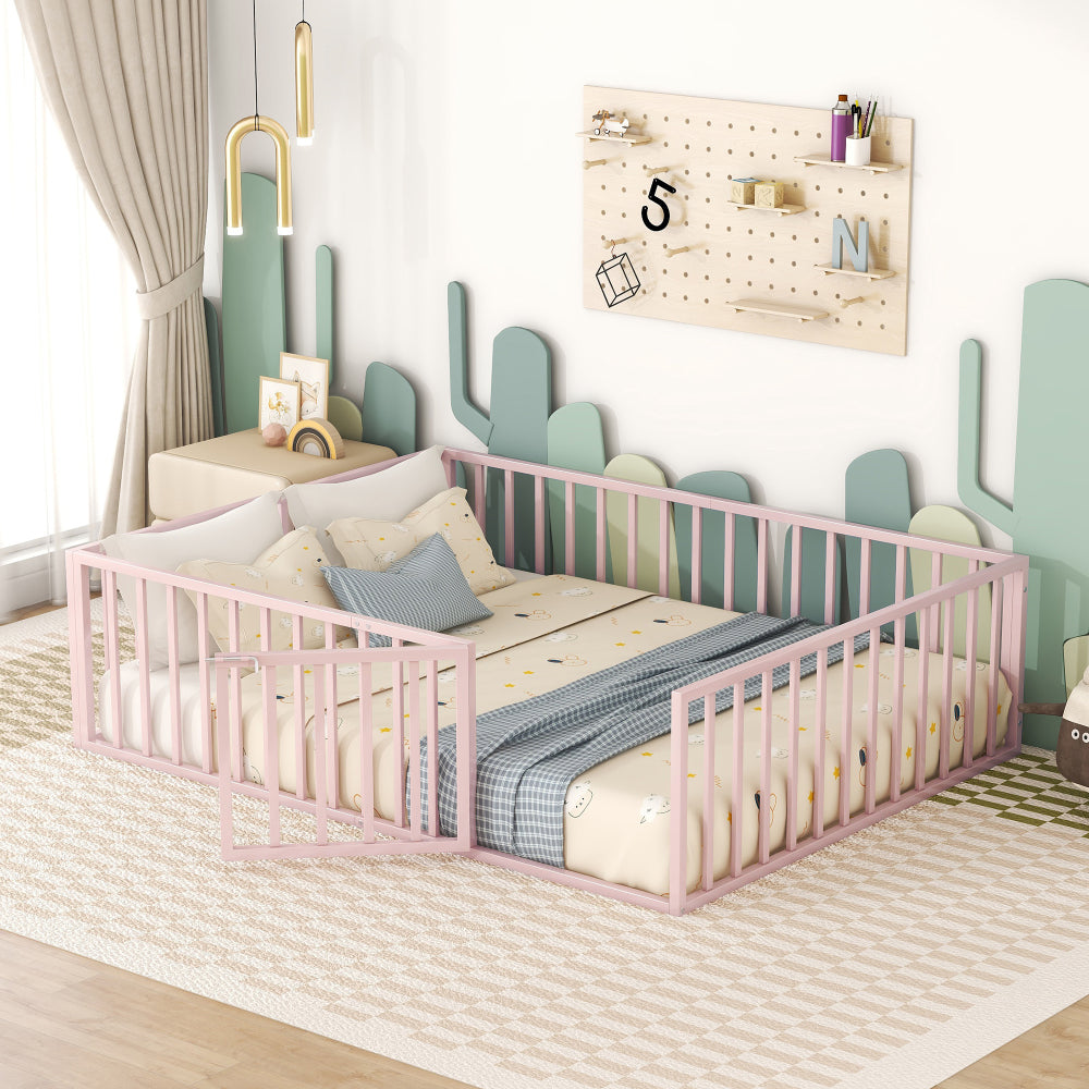 Twin Size Metal Floor Bed Frame with Fence and Door, Black